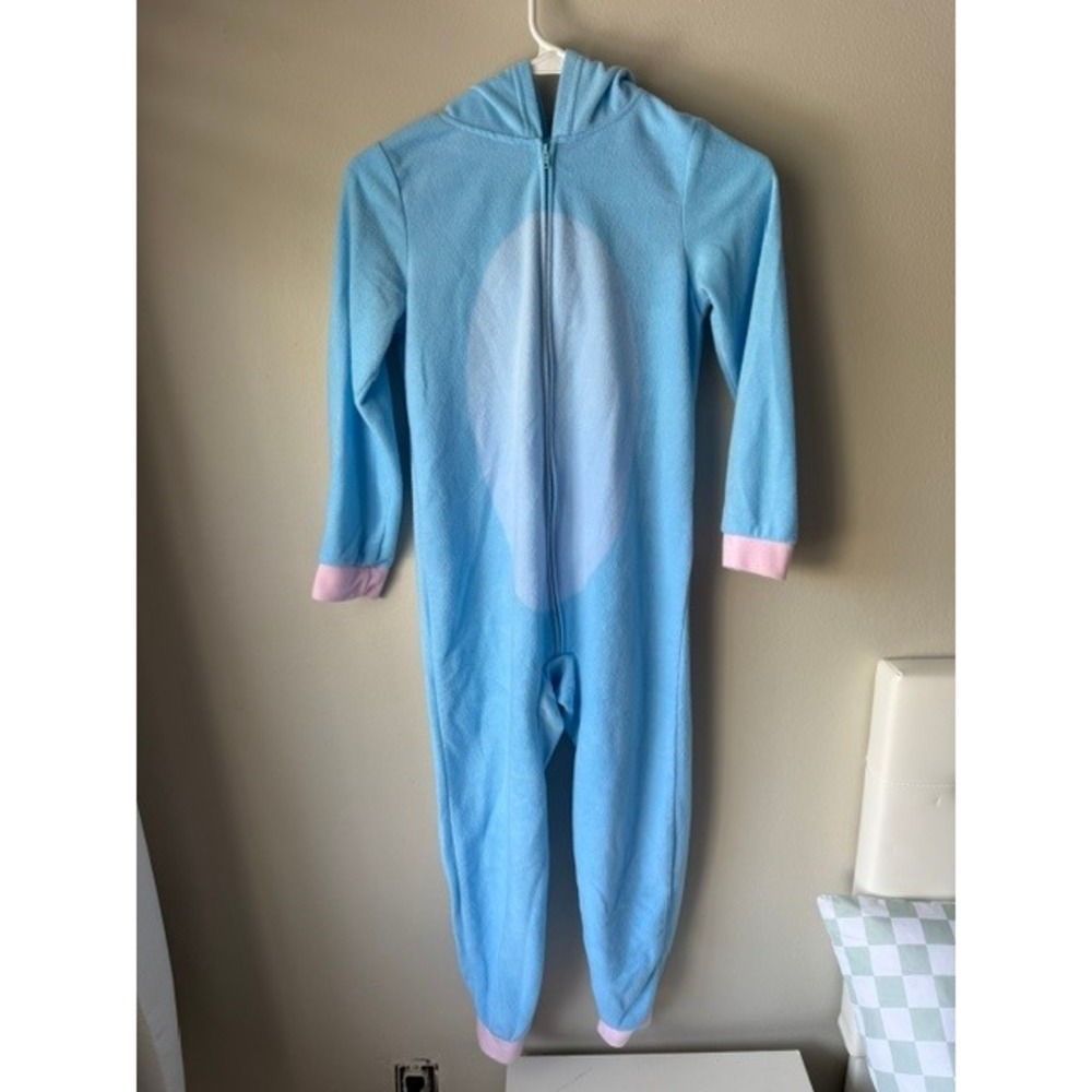 Disney Stitch Kids Blue Fleece Hooded One Piece Pajama Union Suit Size 7/8